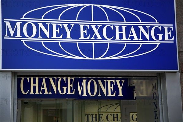 Money Exchange change money signs, London, England, UK