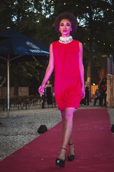 Model at Harald Glööckler's first Fashion Night for his new fashion collection Teuber by HARALD GLÖÖCKLER at Loretta am Wannsee in Berlin on 28 June 2024