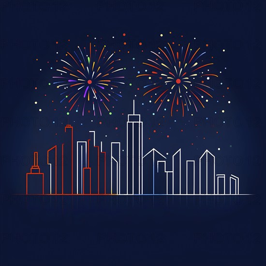 Minimalist, geometric skyline at night, with subtle fireworks in the sky, represented by colorful dots and simple, clean lines, AI generated