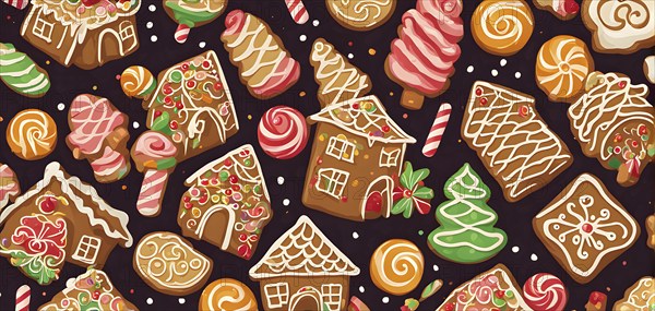 Abstract wallpaper illustration of of gingerbread house decoration, AI generated