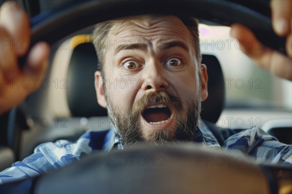 A man sits in a car and looks at the speedometer in surprise and shock, symbolic image, distraction in road traffic, AI generated, AI generated, AI generated