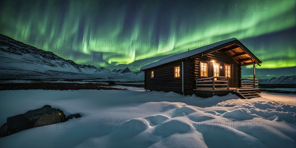 Aurora borealis illuminating snow covered fjord landscape with a wooden cabin in vibrant hues, AI generated