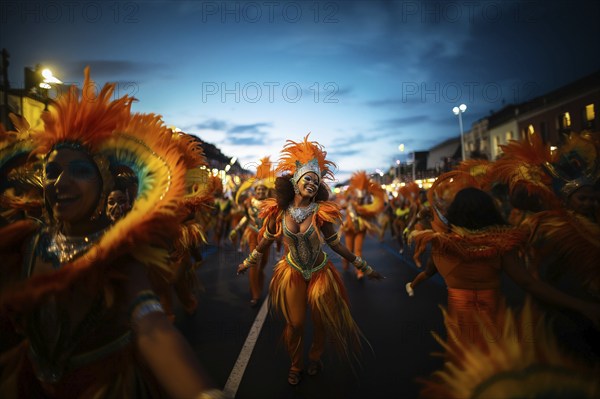 Captivating image capturing the essence of the Rio Carnival, showcasing a dancer adorned in an elaborate, vibrant costume, embodying the spirit and energy of this iconic festival, AI generated