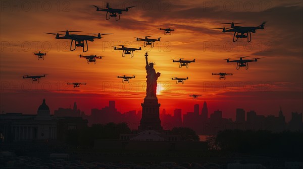 Swarm of UAV unmanned aircraft drones flying near the United States statue of liberty in new york, AI generated