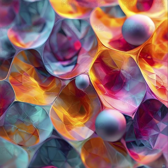 AI generated Illustration of conceptual art piece where geometric shapes and organic forms blend in a digital canvas