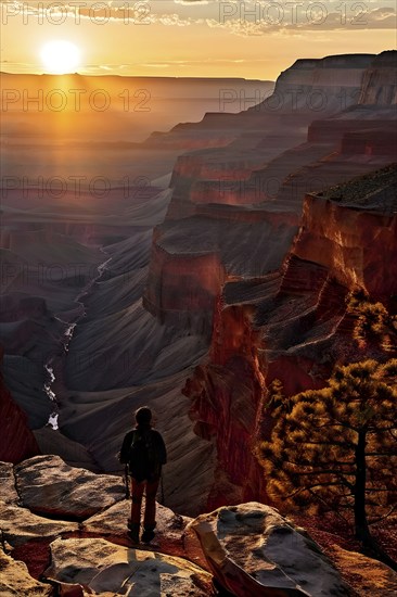 Sunrise over grand canyon in vibrant colors casting light on overhanging rock formations, AI generated