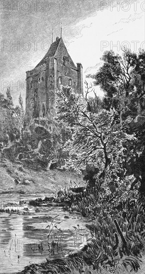 Ritzebüttel Castle, Cuxhaven, Lower Saxony, castle tower, lake, park, Germany, historical illustration 1880, Europe