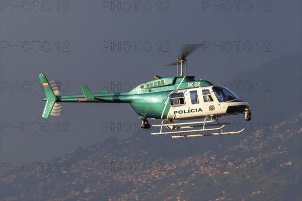 A Bell 206L-3 LongRanger III helicopter of the Policia Colombia with the registration number PNC0921 at Enrique Olaya Herrera Airport in Medellin, Colombia, South America