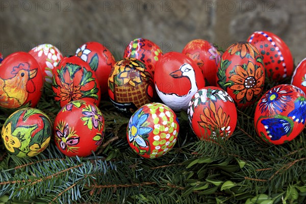 Detail of an Easter fountain in Franconian Switzerland, Bamberg district, Upper Franconia, Germany, many colourful blown-out and dyed eggs as decoration, Easter custom, Europe