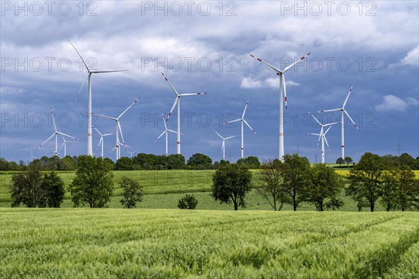 Wind farm east of Geilenkirchen, dark storm clouds, strong wind, North Rhine-Westphalia, Germany, Europe