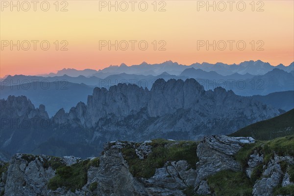 Fribourg Prealps with Gastlosen mountain range at dawn, Bernese Alps behind, cantons of Fribourg and Bern, Switzerland, Europe