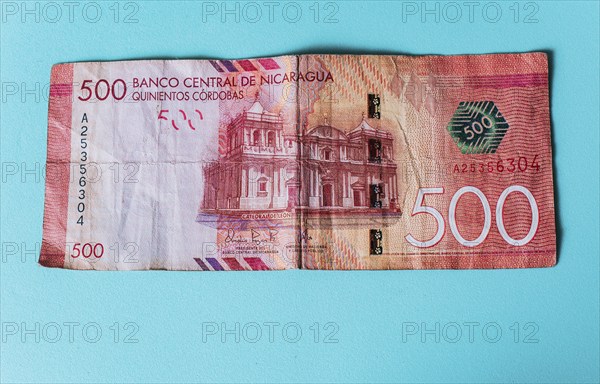 Banknote of 500 Nicaraguan cordobas isolated. 500 Nicaraguan cordobas bill on isolated background