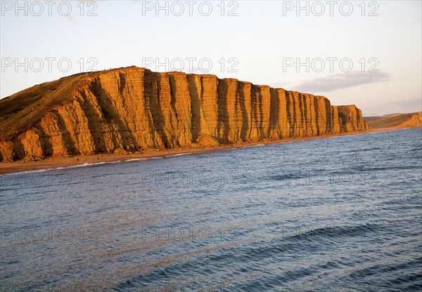 Golden afternoon light on sandstone cliffs, East Cliffs, West Bay, Bridport, Dorset, England, UK