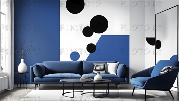 Minimalist illustration featuring abstract shapes to convey fun and ease, wallpaper with blue color accent, AI generated