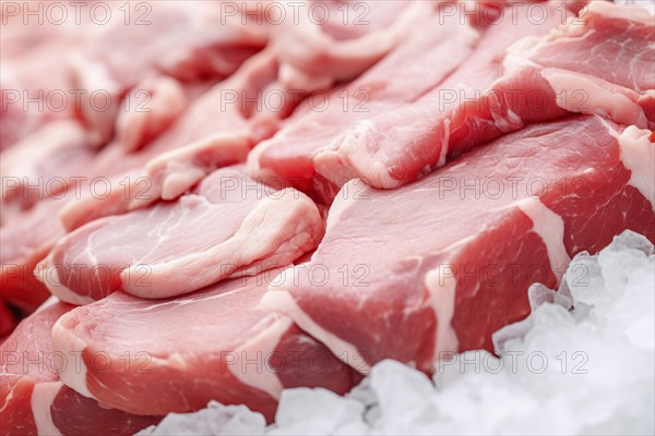 Close up of pork meat on ice in butchery shop. KI generiert, generiert AI generated