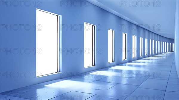Windows aligned within an elongated tunnel permeated with gradients of light blue hues, AI generated
