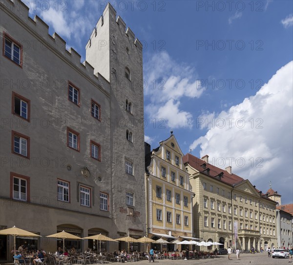 Former patrician castle with tower, on the right the Thon-Dittmer-Palais, Haidplatz, Regensburg, Upper Palatinate, Bavaria, Germany, Europe