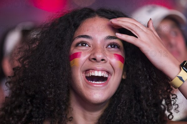 Fan of the Spanish team after scoring the 2:1 goal at the Adidas fan zone at the Bundestag during the final match between Spain and England at the European Football Championship, Berlin, 14 July 2024