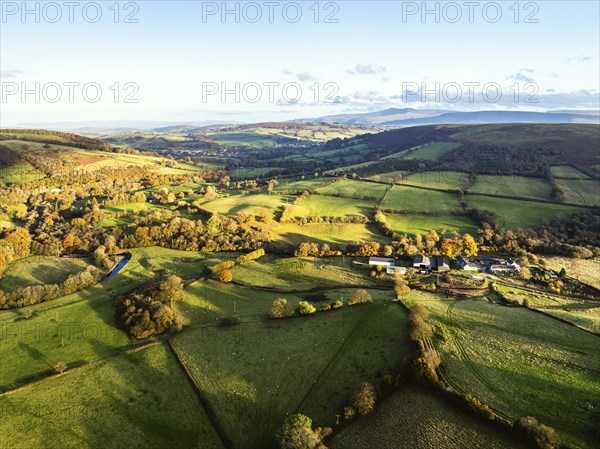 Farms over Trecastle from a drone at sunset, Brecon Beacons National Park, Powys, Wales, England, United Kingdom, Europe