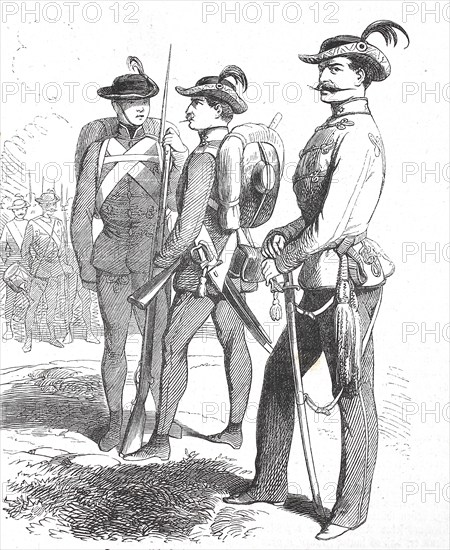 Historical, digitally restored reproduction from a 19th century original, Record date not stated, Members of the Hungarian Volunteer Corps, c. 1855, Hungary, Europe