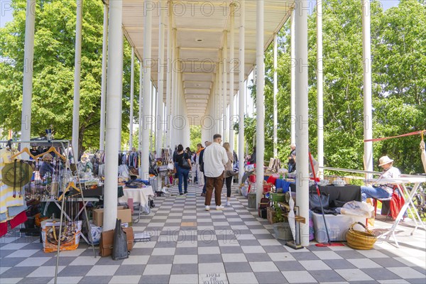 A covered marketplace with people shopping at stalls, Böblingen, Germany, Europe