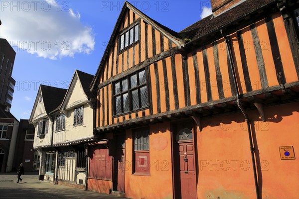 Historic half-timbered Tudor buildings in town centre, Ipswich, England, UK