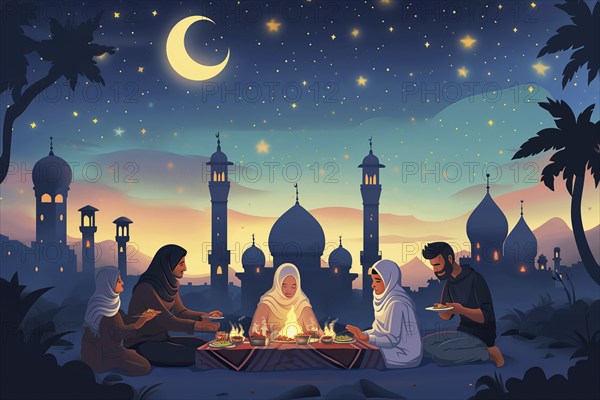 Essence of Ramadan, featuring people gathered and eating near a mosque under a starry night sky, illuminated by the crescent moon, AI generated