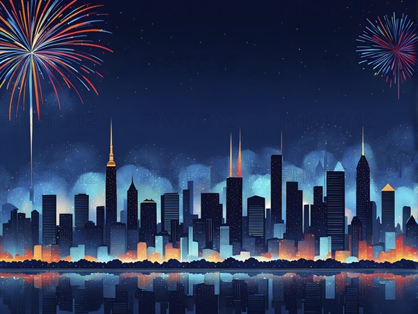 Minimalist, geometric skyline at night, with subtle fireworks in the sky, represented by colorful dots and simple, clean lines, AI generated