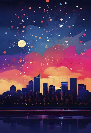 Minimalist, geometric skyline at night, with subtle fireworks in the sky, represented by colorful dots and simple, clean lines, AI generated