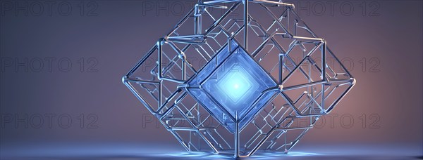 Three dimensional render of a blue glowing blockchain cube, AI generated