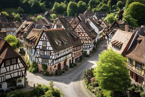 Traditional half timbered house nestled within the heart of a picturesque village in golden hour light, AI generated