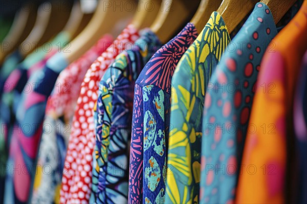 Colorful clothing with bright and bold patterns hanging on clothing rail. Generative ai, AI generated