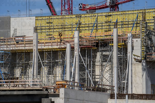 Construction site, at the Cologne Trade Fair Centre, new building, construction cranes, walls, ceilings, North Rhine-Westphalia, Germany, Europe