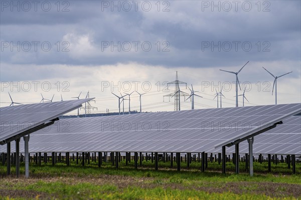 Wind farm and large-scale photovoltaic system, north-east of Bad Wünnenberg, near the village of Elisenhof, on the A44 motorway, North Rhine-Westphalia, Germany, Europe