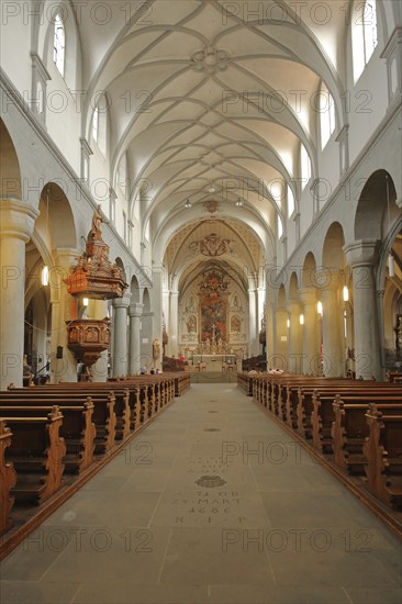 Interior view with pulpit, paintings, decorations, magnificent, Minster, Our Lady, Constance, Obersee, Lake Constance, Lake Constance region, Baden-Württemberg, Germany, Europe