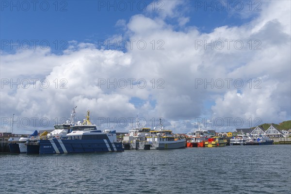 Supply ships for the wind power off-shore plants, catamarans, offshore island of Helgoland, blue sky, North Sea, Pinneberg district, Schleswig-Holstein, Germany, Europe