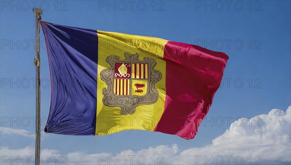 The flag of Andorra flutters in the wind