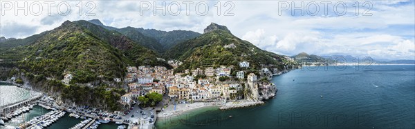 Panorama of Cetara from a drone, Amalfi Coast, Salerno, Campania, Italy, Europe