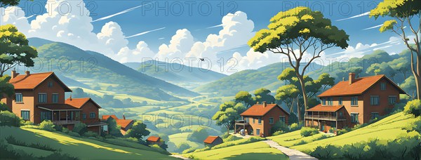 Landscape set in paper art style featuring houses tucked between verdant trees and rolling hills, AI generated