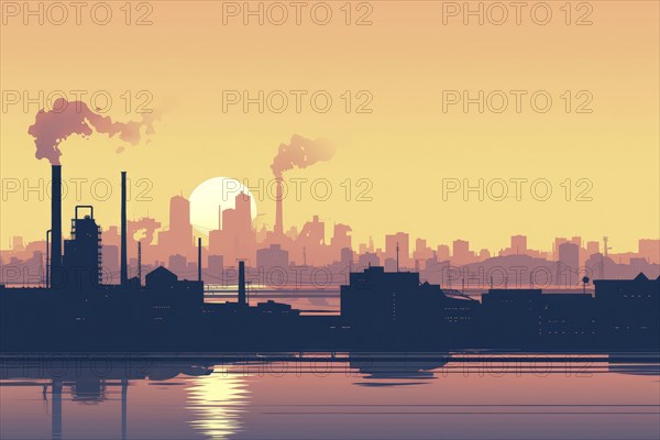 Illustration, graphic of an industrial landscape with bridges over a river, smoking chimneys at sunset, symbolic image for environmental pollution, AI generated, AI generated, AI generated
