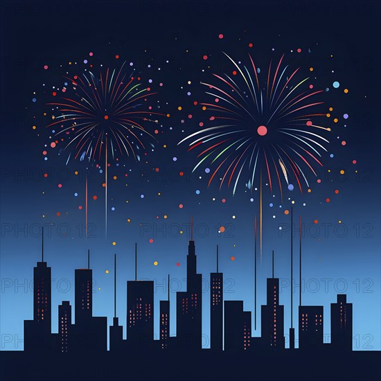 Minimalist, geometric skyline at night, with subtle fireworks in the sky, represented by colorful dots and simple, clean lines, AI generated