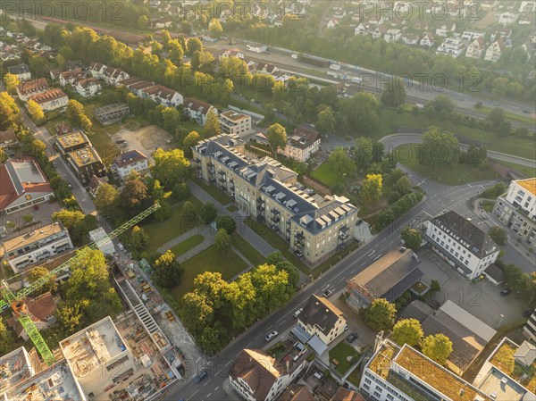 Aerial view of a town with a large residential building, streets and many trees, Nagold, Black Forest, Germany, Europe