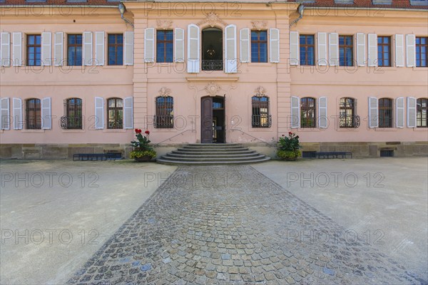 Stadionsche Schloss Bönnigheim, building, architecture, historical building, late baroque style, master builder Anton Haaf, built in 1756 on behalf of Imperial Count Anton Heinrich Friedrich von Stadion, Minister and Chancellor of the Archbishop and Elector of Mainz, country palace, summer residence, windows, white shutters, roof, north side, Bönnigheim, Ludwigsburg district, Baden-Württemberg, Germany, Europe