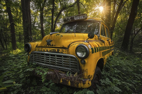 An old, weathered and dusty US-American vintage taxi car, wreck, of the Chevrolet type from the 1950s stands in a forest, car graveyard, between trees, symbolic image for restoration, repair, recovery of historical cultural assets, AI generated, AI generated, AI generated