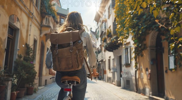 Happy young woman tourist is riding a bicycle on a European street, AI generated