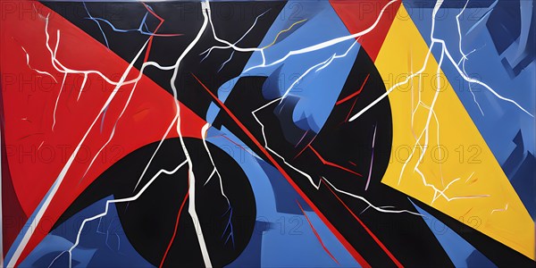 Abstract pop art comic illustration in vibrant colors with thunderbolt crackling across the canvas, AI generated