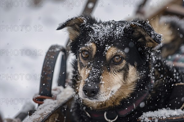 Close up of dog in sleigh in snow. Generative Ai, AI generated
