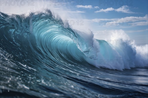 Blue ocean wave cresting with feral energy, AI generated