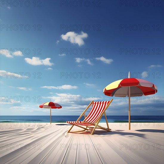 Three dimensional render of deck chair and beach umbrellas on deserted beach in summer, AI generated