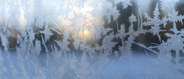 Detailed close-up of frost patterns on a glass window, AI generated